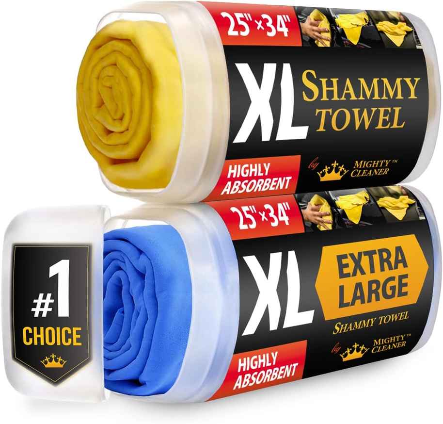 Premium XL Shammy Towel for Car - 2 Pack (34 x 25 Inches) - Super Absorbent Chamois Towel for Car Drying - Spot & Scratch-Free Reusable Shammy Cloth